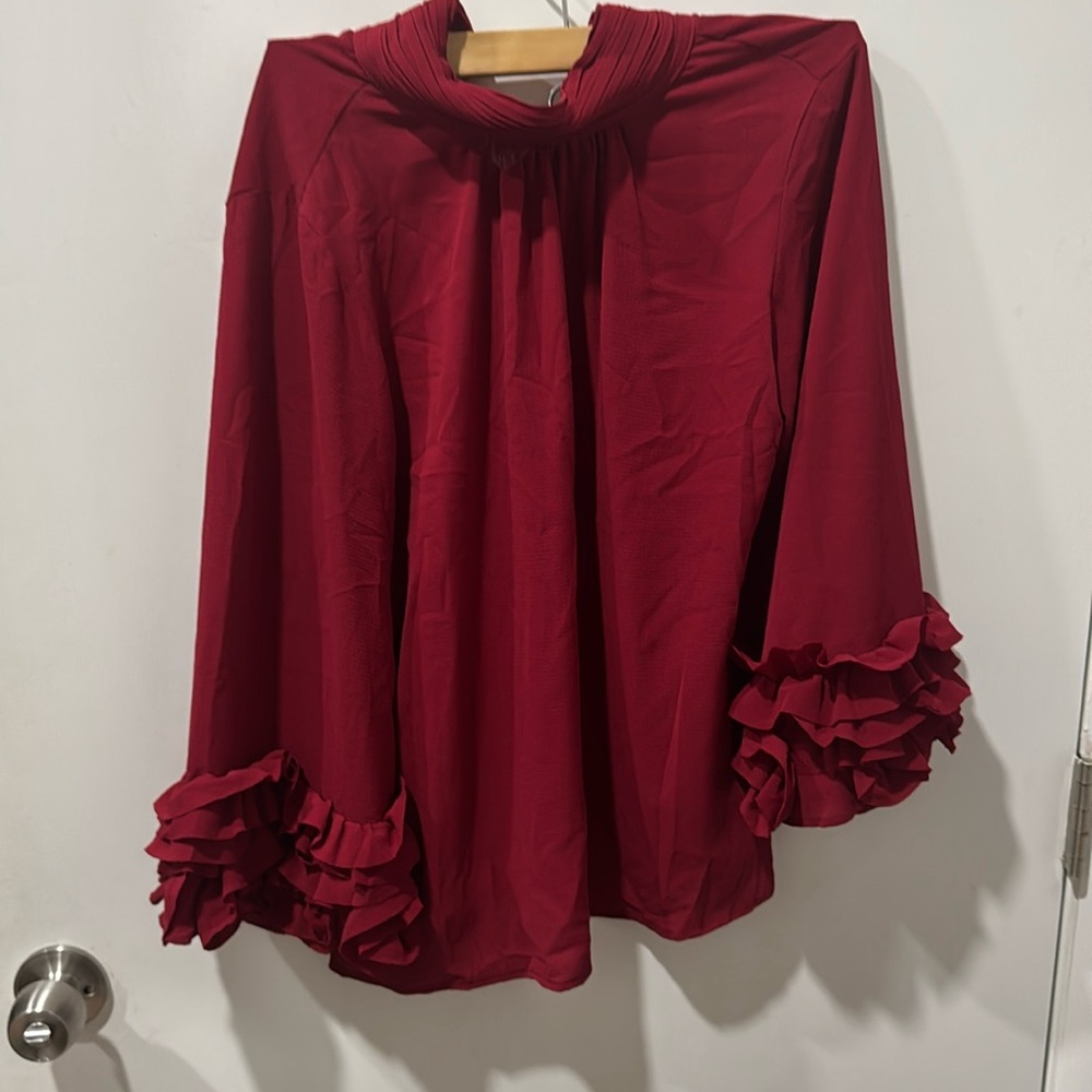 Vince Camuto Red Ruffle Sleeve top high neck